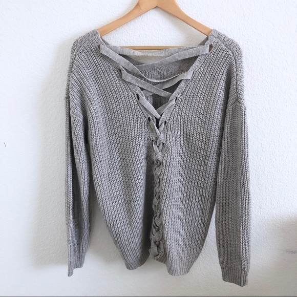 Super cute gray lace up back knit sweater - Picture 5 of 6